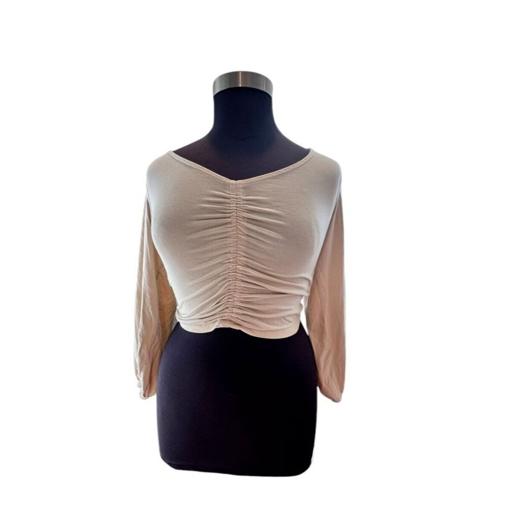 Banana Republic Crop‎ Long Sleeve Ruche v-neck Top Stretch Cream/Beige Small